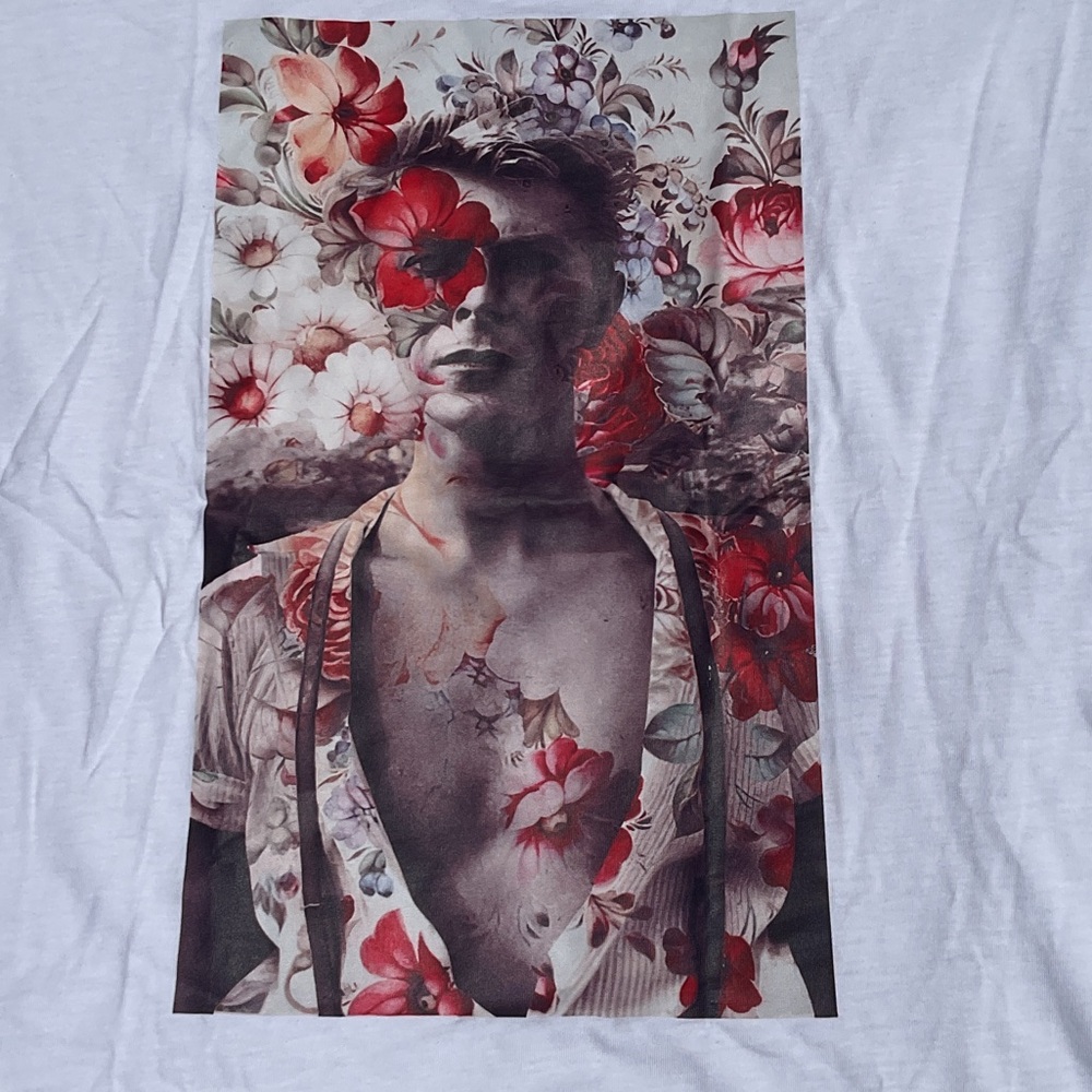 David Bowie Floral Graphic White T-Shirt, Size XL - Picture 2 of 5
